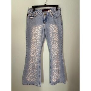 Vintage MUDD Jeans Light Wash Lace Print Flare Leg Y2K Denim Size 9 Low Rise